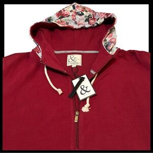 NWT! AMPERSAND AVENUE MAROON W/ FLOWER SLEEVES, HOODED, ZIPPER DOWN 1/2 FRONT 3X